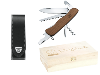 Großes Taschenmesser mit Holzschale, Victorinox Forester mit schwarzem Leder-Etui und Weihnachtsgeschenkbox